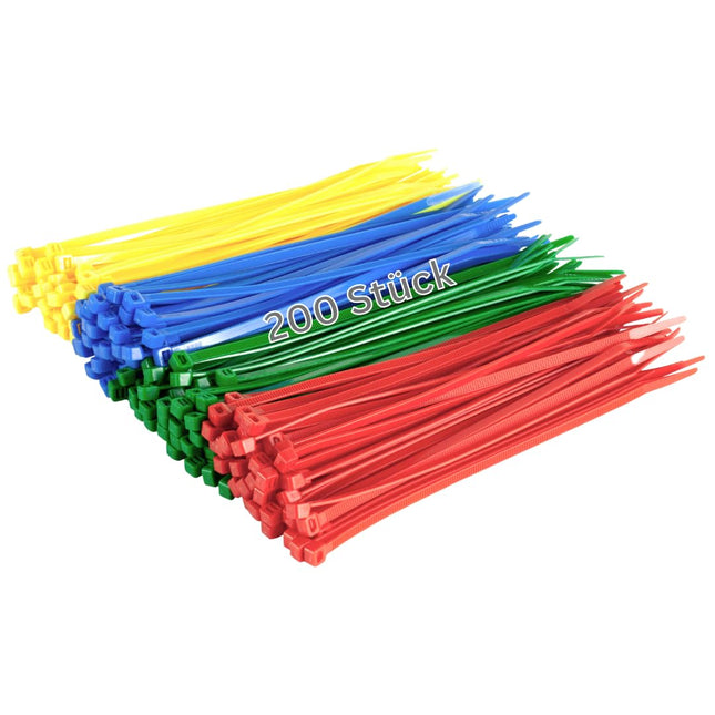 Gocableties cable ties 300 mm x 4.8 mm, high-quality, sturdy, nylon, red, green, blue and yellow, 200 pieces, multi-coloured