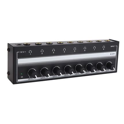 Focket 8-kanaliline stereo kõrvaklapivõimendi, kaasaskantav mini kõrvaklappide jaotur, 3,5 mm TRS 12 V stereovõimendi heli mikseriks, referentsmonitooringuks, isiklikuks kuulamiseks