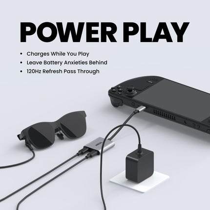 XREAL Hub ehk toite- ja mänguadapter võimaldab laadida AR-prille samal ajal, kui laed oma allikseadet, näiteks Steam Decki, ROG Allyt, Switchi, iPhone 15 või Android-telefoni. 45 W kiirlaadimine.