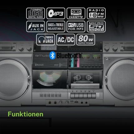 MUSE M-380GBS Retro Cassette Boombox with CD Player, AUX and Bluetooth, Smartphone Compatible, Cassette Recorder Cool Vintage Design