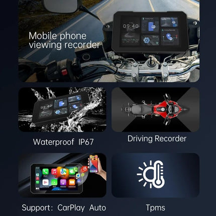 Pancarmate GPS Moto 5-tolline (12,7 cm) HD puutetundlik ekraan, veekindel IP68 – ühildub Apple CarPlay, Android Auto, Huawei HiCariga – esi- ja tagakaamerad 150° – universaalne kinnitus – integreeritud
