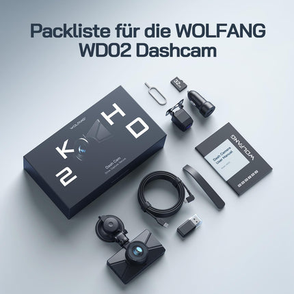 WOLFANG Dashcam Car Front Rear 2.5K+1080P Car Camera, Ultra Night Vision, 170° Wide Angle, WDR, 24h Parking Mode, G-Sensor, Loop Recording, Indoor with 32GB SD Card