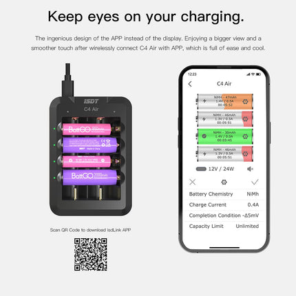 ISDT C4 Air Fast akulaadija, universaalne majapidamisakulaadija Bluetoothi ​​rakenduse ühenduse funktsiooniga, USB C tsüklilise laadimise ja tühjenemise laadija AAA/AA/18650/26700 akude jms jaoks.