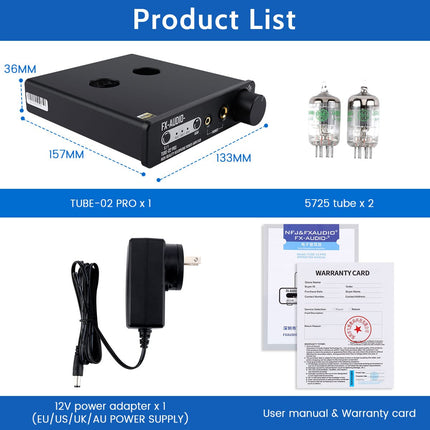 FX-Audio Tube-02 Pro Tube Headphone Amplifier, Vacuum 5725 Tube Preamplifier, Mini Hi-Fi Integrated Stereo Class A Amplifier Supports 32-600 Ohm Headphones, for