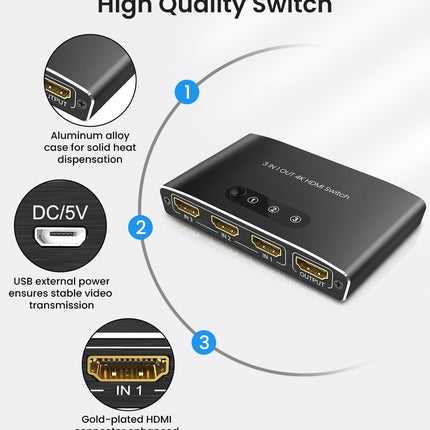 HDMI Switch, HDMI Splitter Automatic 4K Aluminum HDMI Switch 3 in 1 Out UHD HDMI Distributor with Remote Control, HDMI Switch Supports 4K 3D HDR for Fire TV Stick UHD TV PS4 Xbox DVD Blu-Ray