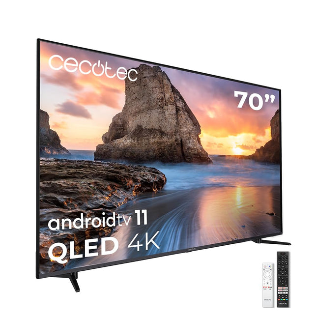 Cecotec QLED 70-tolline nutiteler V1+ seeria VQU11070+. 4K UHD, Android 11, raamita kujundus, Dolby Vision ja Atmos, HDR10, lai värvigamma 96%, 2 x 12 W kõlarit, 12 W subwoofer, 2 x kaugjuhtimispulti.