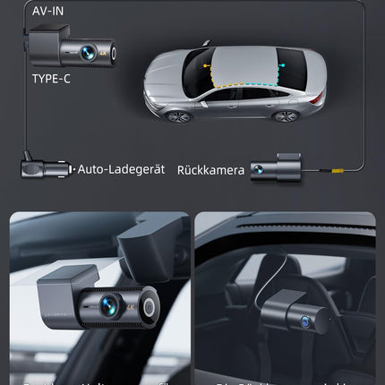 CIEVIE 4K+1080P autokaamera ees ja taga 64 GB SD-kaardiga, 5 GHz WiFi-ga autokaamera 1,5-tollise IPS-ekraaniga, 170° lainurk, G-andur, WDR öine nägemine, tsükkelsalvestus, rakenduse juhtimine, toetab maksimaalselt 256 GB