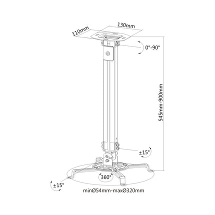 PureMounts kallutatav ja pööratav laekinnitus projektoritele, aukude vahe kuni 320 mm, kaugus laest 545–900 mm, kandevõime 13,5 kg, värv valge