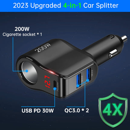 PD 30W autolaadija jaotur: 200W 12V USB C sigaretisüütaja adapteri jaotur 12-voldine alalisvoolu pistik, mitmekordne autopistikupesa voltmeetriga, kahekordne C-tüüpi pistik iPhone'i, Samsungi mobiiltelefoni GPS-i armatuurlauale