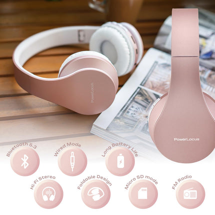 Bluetooth-kõrvaklapid, PowerLocus kõrvapealsed juhtmevabad Bluetooth-kõrvaklapid, kokkupandavad juhtmevabad kõrvapealsed kõrvaklapid, peakomplekt Aux-toega mikrofoniga, käed-vabad-funktsiooniga iPhone'ile, Androidile, arvutile (roosikuldne)