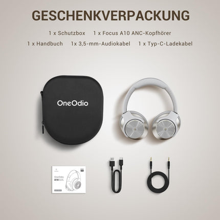 OneOdio A10 Bluetooth kõrvaklapid hübriidse aktiivse mürasummutusega, kuni 62 tundi, juhtmevabad kõrvaklapid kõrglahutusega heliga, sügav bass, mikrofon reisimiseks, koju, kontorisse (hallvalge)