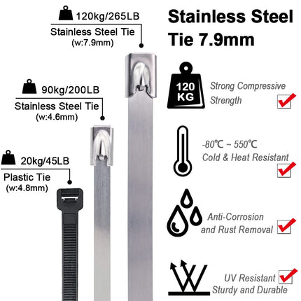 MgcTolBox Stainless Steel Cable Ties Long 800x7.9mm, Metal Cable Ties | 20 Pieces