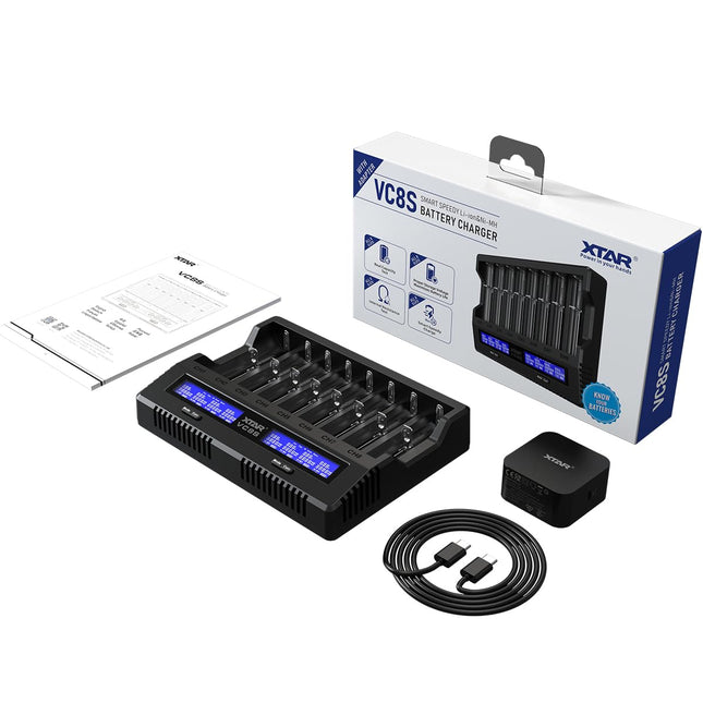 XTAR VC8S laetav 18650 21700 akulaadija 8 pesaga USB-C akulaadija testpatareide tegeliku mahutavuse mõõtmiseks koos PD45W adapteriga 3,6 V 3,7 V Li-ioon ja 1,2 V Ni-MH akude jaoks