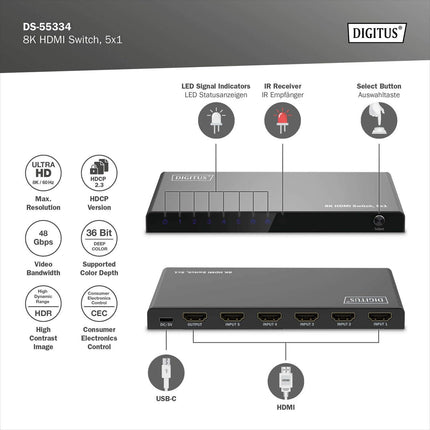 DIGITUS DS-55334 HDMI-lüliti 5x1 – 5 sisendit, 1 väljund – UHD 8K/60 Hz HDTV: 7680 × 4320p – HDCP 2.3 ja HDMI 2.1 – HDR, CEC, Deep Color, DTS, Dolby Digital, LPCM – teleri, monitori, PS5, PS4, Xboxi jaoks