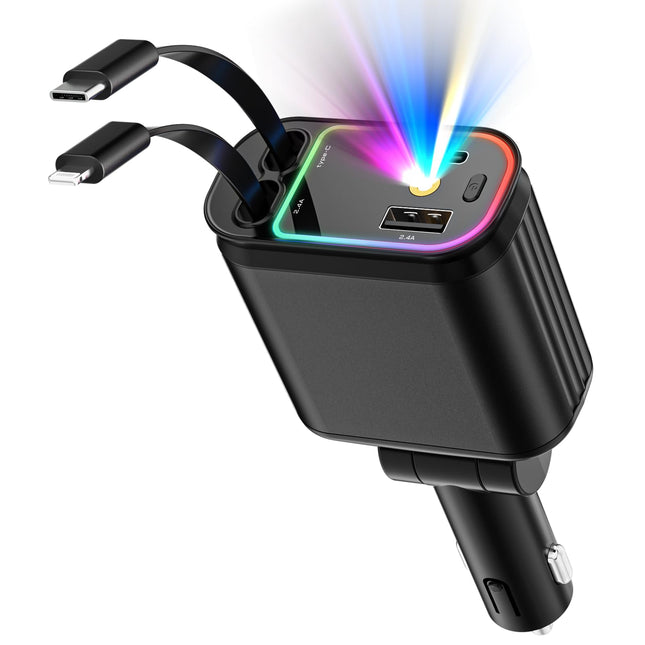 Ofottofo 4-ühes sissetõmmatav autolaadija adapter, 66W mobiiltelefoni kiire autolaadija sigaretisüütaja USB-C kaudu, autolaadimiskaabel, mis ühildub iPhone'i, Samsung Galaxy ja Google Pixeliga, must