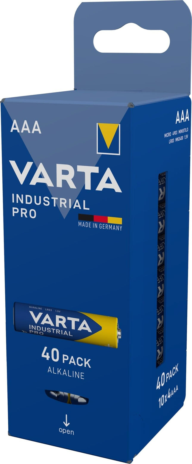VARTA patareid AAA, 40 tk, Industrial Pro, leelispatarei, 1.5V, hoiupakend, Saksamaal valmistatud kandikuga hoiupakend