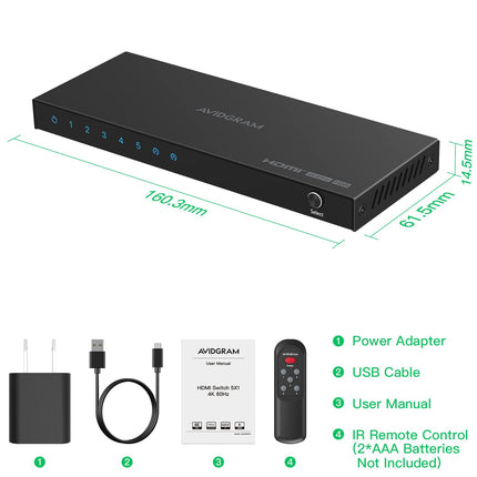 HDMI-lüliti 4K 60Hz, AVIDGRAM HDMI 2.0 lüliti 5 sisendit 1 väljund, 5 pordiga HDMI-valija IR-puldiga, toetab HDCP 2.2 HDR10 3D 18Gbps Xbox PS4 HDTV monitorile