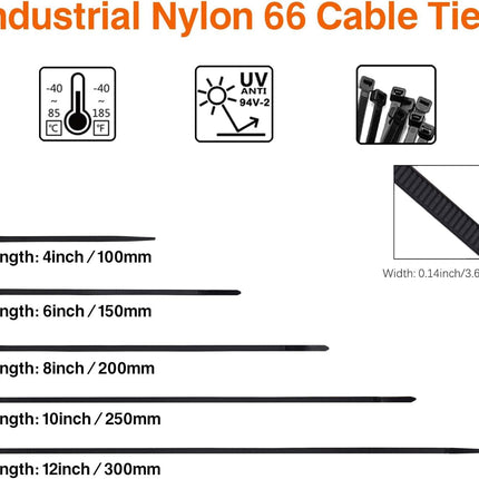Cable Ties Black Set 700 Pieces, Cable Ties Small [3.6 mm] x 100/150/200/250/300 mm Tensile Strength 18 kg UV-Resistant Robust, Industrial Nylon Cable Tie Set