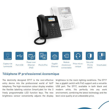 Snom D717 IP-telefon, SIP-lauatelefon (3 isemärgistavat funktsiooniklahvi, kõrglahutusega värviline TFT-ekraan, integreeritud valgussensor, PoE IEEE 802.3af), must, 00004397