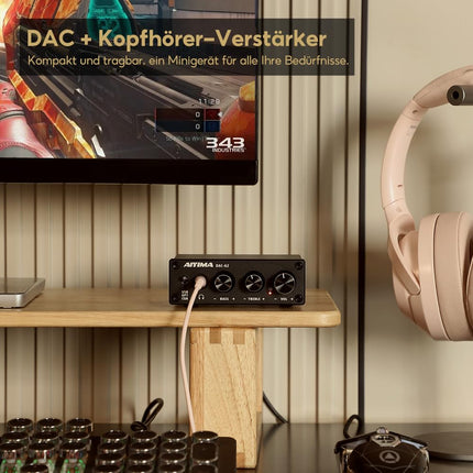 AIYIMA DAC A2 kõrvaklapivõimendi DAC-muundur Mini stereo digitaal-analoog DAC PS5/PC/MAC arvuti lauamängu DAC-võimendi PC-USB/koaksiaal/optiline kuni 3,5 mm AUX RCA kõrvaklapiväljund 24 bitti 192 kHz