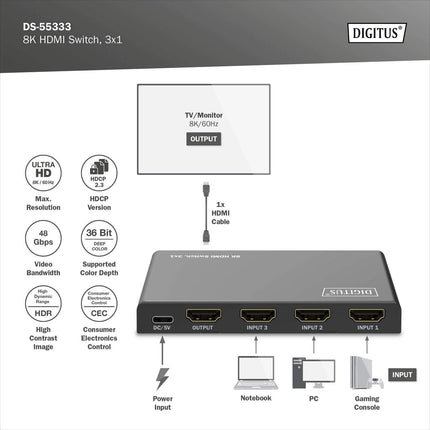 DIGITUS DS-55333 HDMI-lüliti 3x1 – 3 sisendit, 1 väljund – UHD 8K/60 Hz HDTV: 7680 × 4320p – HDCP 2.3 ja HDMI 2.1 – HDR, CEC, Deep Color, DTS, Dolby Digital, LPCM – teleri, monitori, PS5, PS4, Xboxi jaoks