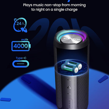 AUKTECH Portable Bluetooth Speaker 30W, IPX7 Waterproof, 24h Battery, Music Box with LED Light, Bluetooth 5.3, Hands-Free Function, Compatible with Mobile Phone &amp; PC – Ideal for Outdoors, Parties, Travel