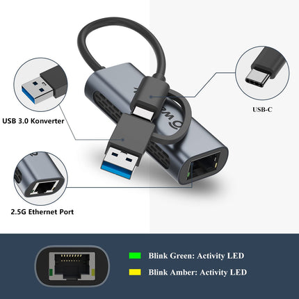 USB 3.0/USB C to 2.5G Ethernet Adapter, WAVLINK USB LAN Adapter with 2500Mbps, Thunderbolt Network Adapter for Mac OS, Windows, Linux, Dell XPS, Surface Pro, etc.