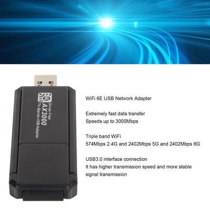 WiFi 6E USB 3.0 Adapter, USB Wi-Fi Adapter for Desktop PC, 3000 Mbps USB Wi-Fi Dongle, Wireless Network Adapter for Win 10/11 Operating System, 2.4G 5G 6G Tri-Band