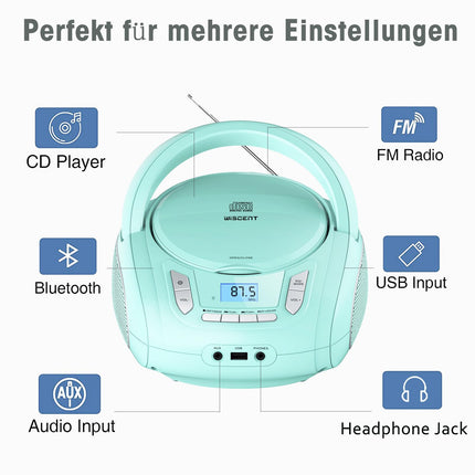 Compact Radio CD Player with Bluetooth, FM Radio, USB, AUX, Headphone Jack, CD-R/RW and MP3 CD Compatible, Portable Boombox (Green)