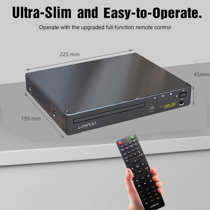 Kompaktne DVD-mängija telerile - HD DVD CD-mängija ilma koodita, HDMI (1080p HD ülesskaleerimine)/AV/koaksiaalväljundiga, USB-sisendi ja mikrofoniväljundiga (1,5 m HDMI-kaabliga)