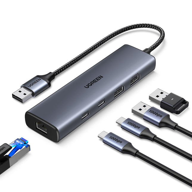 UGREEN USB 3.2 Hub LAN Adapter Ethernet Adapter with 2xUSB C Port and 2xUSB A Ports, USB A to RJ45 Gigabit Network Adapter Compatible with Laptop, PC, Switch on Windows, MacOS, etc.