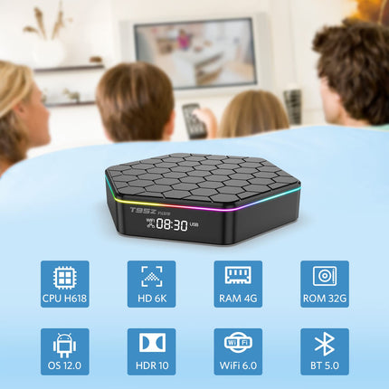 IDEALROYAL Android 12.0 teleriboks, Androidi box 4 GB muutmälu ja 32 GB ROM-iga Allwinner H618 neljatuumaline 64-bitine ARM Corter-A53 protsessor 6K eraldusvõimega 2,4 GHz / 5 GHz WiFi6 10/100 Mbps LAN, enteret, Bluetooth 5.0
