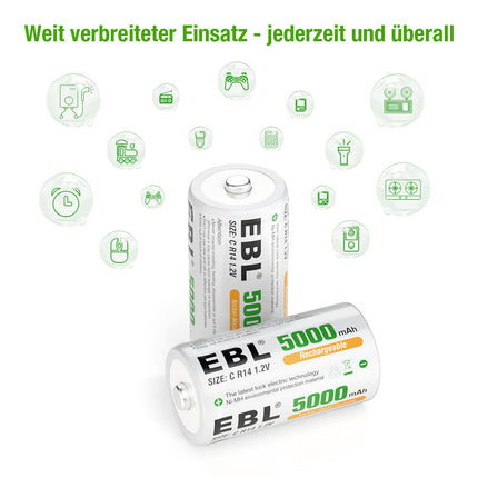 EBL Baby C Battery 5000mAh - NI-MH Rechargeable Battery 4-Pack with Storage Box, 1.2V Type C Battery