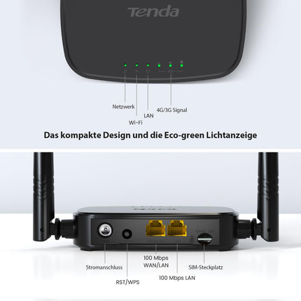 Tenda 4G03 Pro 4G LTE ruuter, WiFi ruuter Nano-SIM kaartidele (N300 CAT4, 150 Mbps allalaadimine, 300 Mbps 2.4GHz), 2*4dBi antenni, Plug &amp; Play, kiire Etherneti port, rakendus, ruuterirežiim, LED, must