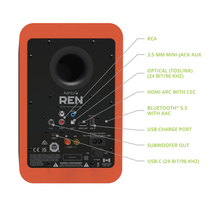Kanto Ren 200W võimsad kõlarisüsteemid HDMI ARC sisendiga teleri ja kodukino jaoks | USB-C ja Bluetooth 5.3 | Kõrg-/madalpääsfilter | Paar | Matte oranž