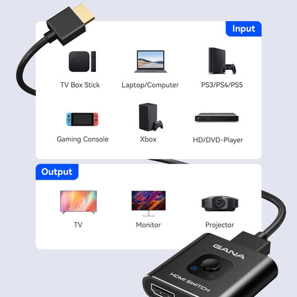 GANA HDMI jaotur 4K 60Hz 2 sisse ja 1 välja lülitav lüliti 1m kaabliga, alumiiniumkorpus, HDCP2.2 UHD 3D PS5/4, Xboxi, Blu-Ray DVD, Fire TV pulga, Chromecasti ja monitoride jaoks