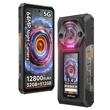 Ulefone Armor 30 Pro õues kasutatav nutitelefon 5G kahe ekraaniga, 32GB + 512GB / 2TB, 6,95" FHD+ 120Hz ja 3,4" lisaekraan, 12800mAh 66W, 50MP + 64MP öönägemisvõime + 32MP, Android 14, WiFi 6E/NFC/GPS/sõrmejäljelugeja/näotuvastusega