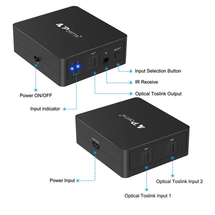 Portta Toslink 2x1 lüliti / SPDIF digitaalne optiline audio Toslink 2x1 lüliti kaugjuhtimispuldiga - 2 sisendit, 1 väljund, tugi 5.1CH / LPCM2.0 / DTS / Dolby-AC3 PS3 DVD-mängijale ja helivõimendile