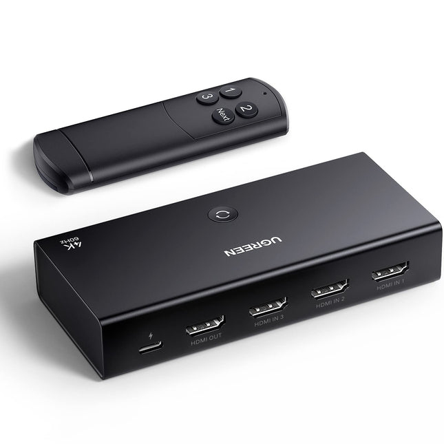 UGREEN HDMI 2.0 lüliti 4K@60Hz HDMI jaotur 3 sisse- ja väljalülituslüliti puldiga, ühildub PS5/4, Xboxi, Apple TV, Blu-Ray, teleri ja monitoriga