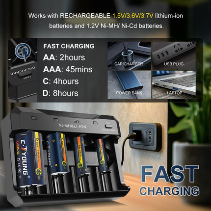 Rechargeable D Batteries with USB Type-C Universal Charger, 4-Pack 1.5V Lithium D Cell 11000mWh High Capacity, Compatible with AA, AAA, C, D and more