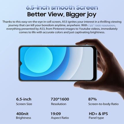 Blackview A53 4G Mobile Phone without Contract, Helio A22 3GB 16GB (256GB Expandable), 12MP + 5MP, 6.5'' HD+ Screen, 3 Card Slots, 5080mAh Battery, Dual-SIM Smartphone Android 12, GPS Black