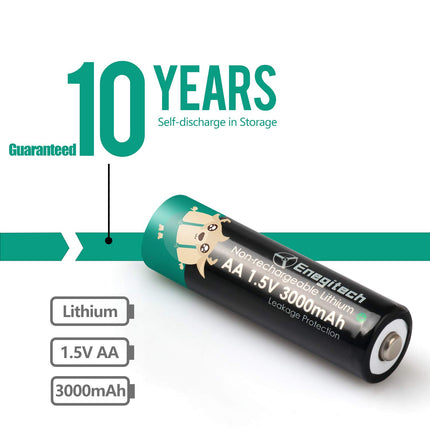 Enegitech liitiumaku AA, 1,5 V 3000 mAh FR6 ühekordsed patareid nutika luku, vingugaasi detektori, juhtmevaba ilmajaama ja välisanduri jaoks (AA 16 tk pakendis)
