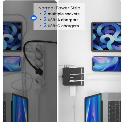 8-suunaline pikendusjuhe 4 USB-C pistikupesa adapteriga, pikendusjuhe ülepingekaitsega, pistikupesa lülitiga, toitejaotur 2m kaabliga kontorisse ja koju, must