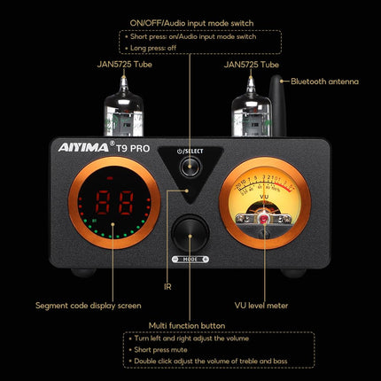 AIYIMA T9PRO JAN5725 Vacuum Tube Amplifier 100Wx2 TPA3250 Stereo USB DAC Amplifier QCC3031 Bluetooth 5.1 aptxHD Coax/Opt HiFi Home Audio Digital Amplifier with VU Meter (32V Power Supply)