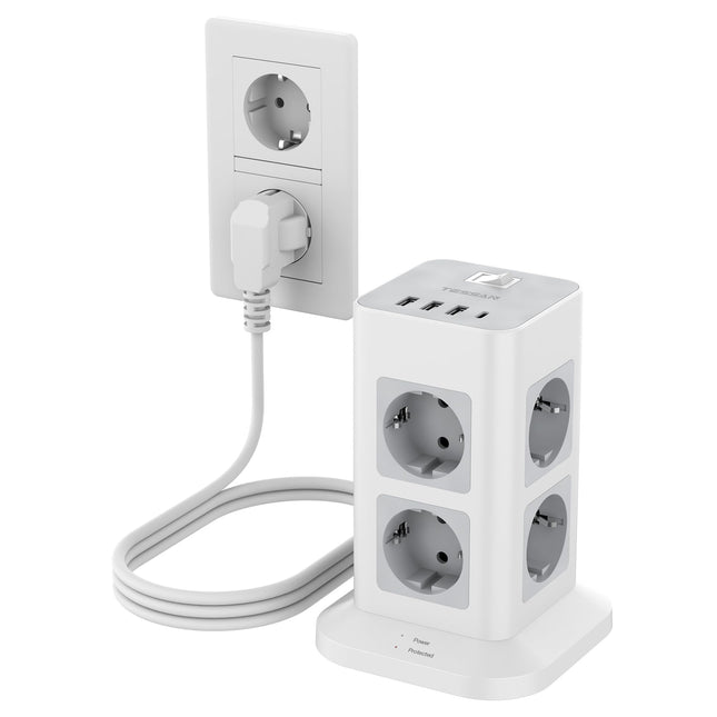 TESSAN 8-suunaline pikendusjuhe USB C ja 3 USB A pistikutega, jaotuspistiku pikenduskaabel 3M, pikendusjuhe ülepingekaitsega, mitmikpistik lülitiga koduseks kasutamiseks, toitetorn 3600W