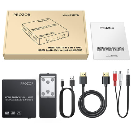PROZOR HDMI muundur 3x1 HDMI lüliti koos heli ekstraktoriga, analoog-optiline Toslink SPDIF väljund, tugi 4K 3D, IR-puldiga, HDMI-kaabel, USB-laadimiskaabel, 3,5 mm isas-2 RCA emaskaabel