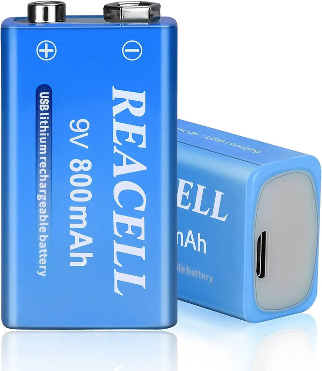 REACELL 2 Pack 9V Block Battery 800mAh USB Rechargeable Lithium Battery 1.5 Hours Fast Charging 9V Battery Suitable for Smoke Detectors