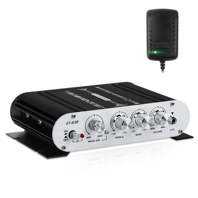 HiFi helivõimendi, 2.1-kanaliline stereovõimendi, RMS 20Wx2+40W ST-838 subwooferi väljundiga, D-klassi mini-digitaalne võimsusvõimendi, vastuvõtja AUX-sisendiga koduseks kasutamiseks, autokõlarid, must (sisaldab toiteadapterit)
