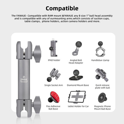 FANAUE Dual Socket Arm, Medium Arm, Compatible, Full Length 15 cm, Size B Ball Components for RAM Mounts (DA-150PRO)