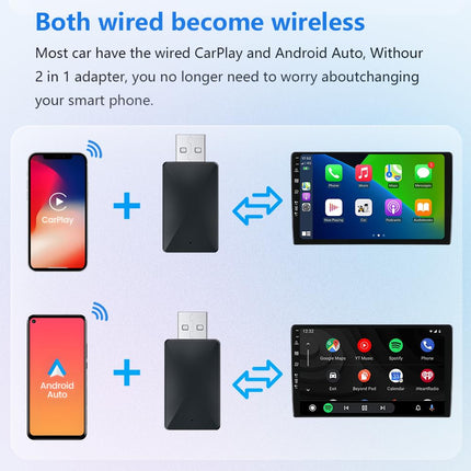 Wireless CarPlay and Android Auto Adapter, 2 in 1 Converter, Wired to Wireless CarPlay for Car Radio
